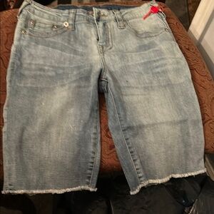 Light Blue Denim Shorts with Red Accent